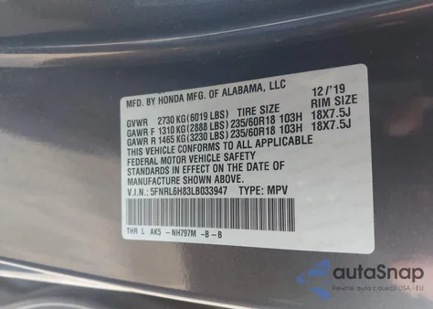 2020 Honda Odyssey Touring z USA, uszkodzony, nr VIN 5FNRL6H83LB033947
